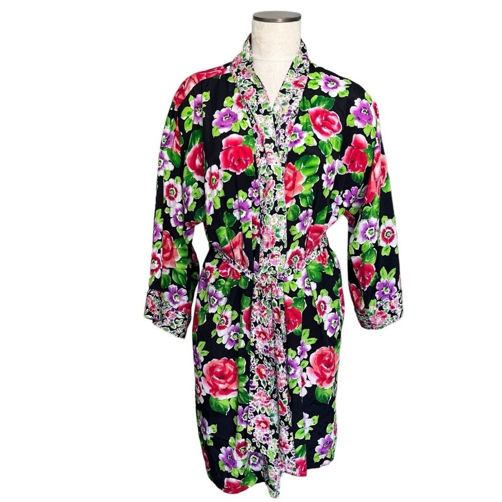 Vintage Victoria's Secret Womens Robe One Size Satin Floral Belted Gold Label